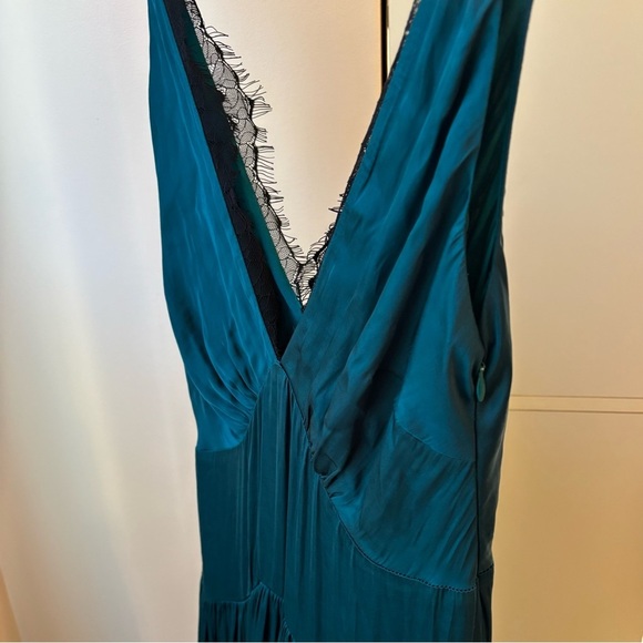 Free People Teal Blue Maxi Dress Size Small Lace Trim Tiered Boho V-Neck - Picture 5 of 9